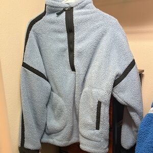 Light Blue Sherpa Half-Zip Pullover with Dark Trim